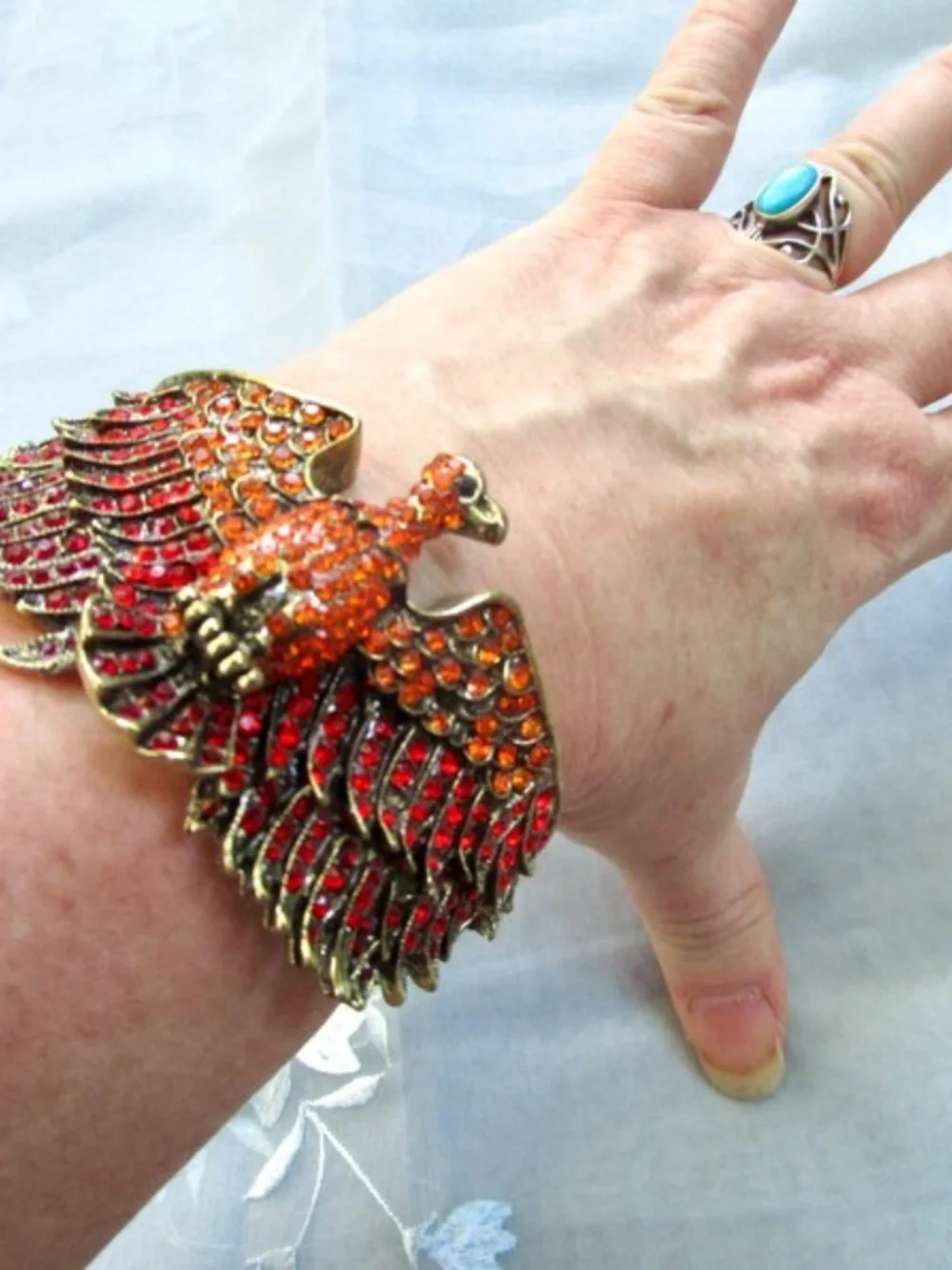 red and orange rhinestone phoenix clamper bracelet ... sparkly vintage cuff - Picture 6 of 6